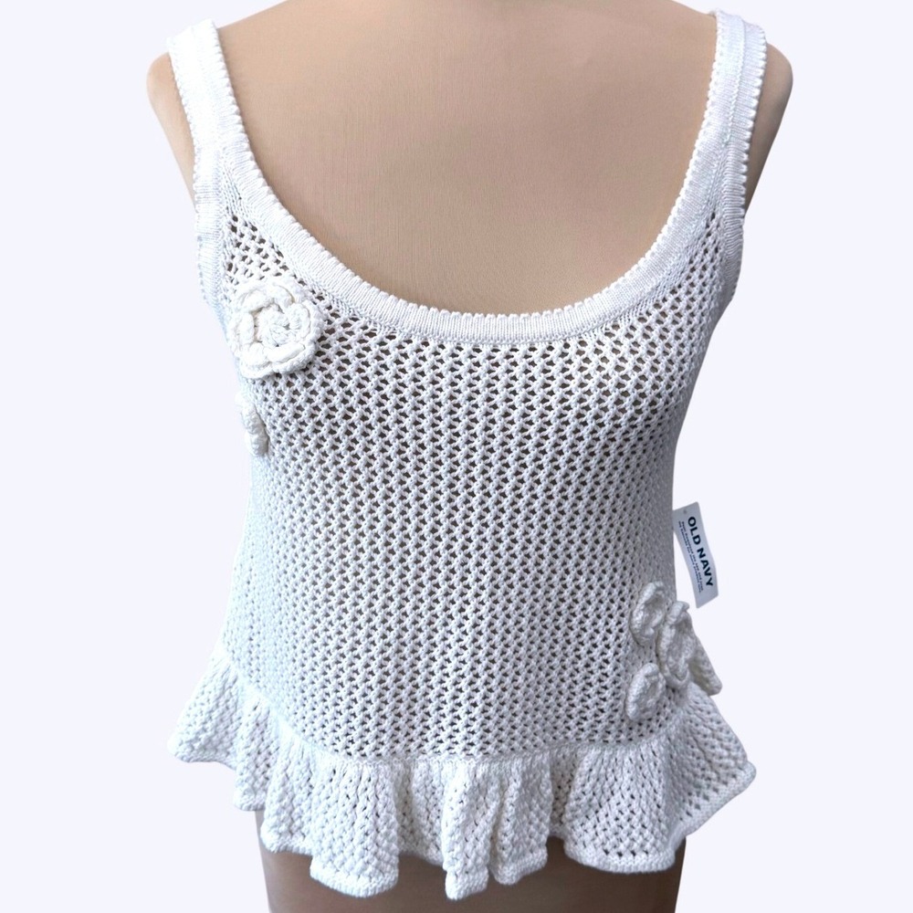 Old Navy Crochet Knit Peplum Tank Petite M Ivory Floral Boho Cottagecore NWT